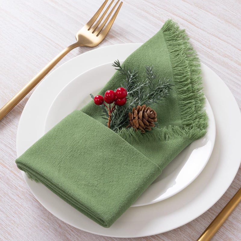 DeZerlor 12 Pack Sage Green Cotton Linen Napkins with Fringe Thanksgiving Fall Cloth Napkins Set of 12 Boho Handmade Dinner Table Napkins Bulk for Wedding Baby Shower Christmas Parties, 17 x 17 Inches - Image 5
